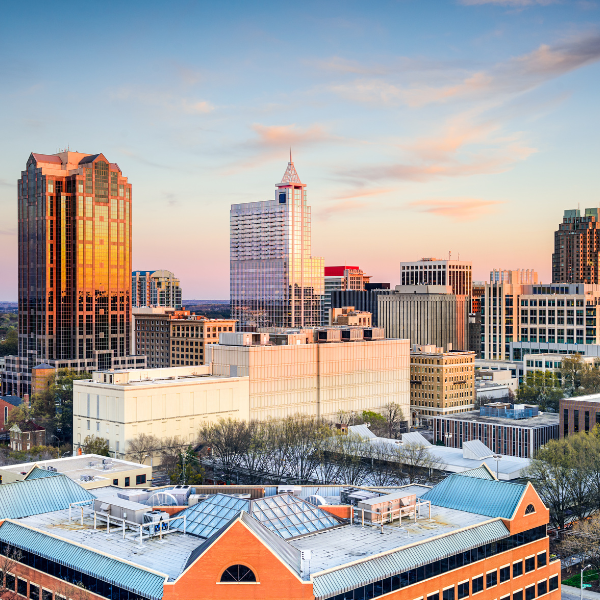 The skyline of Raleigh, North Carolina at dusk